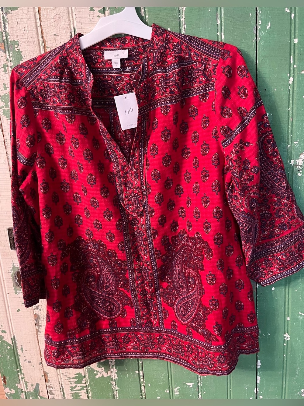 J. Jill Red Paisley Print Pullover Cotton Peasant Top Size Medium